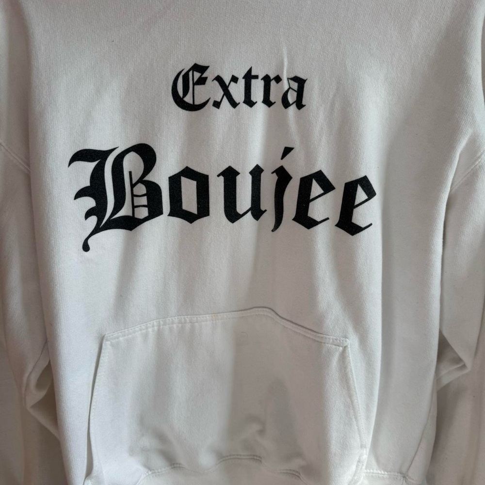 Fashion Nova Cream Hoodie with Black Graphic